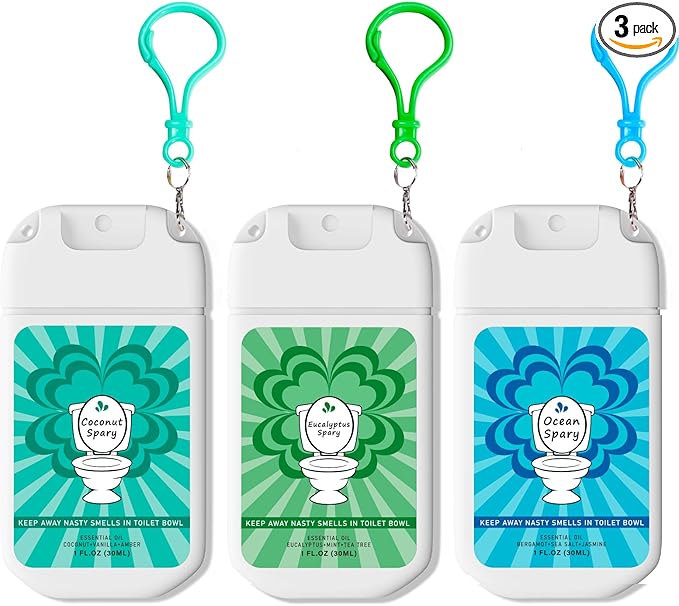 Toilet Spray for Poop Odor Eliminator, Pocket Travel Size Toiletries, Air Freshener Spray for Bathroom, Each 1 FL.OZ, 3 Pack, Ocean Coconut Eucalyptus Scent