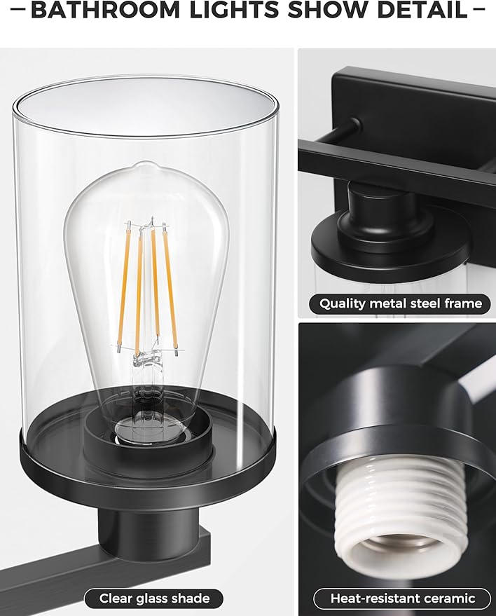 L LOHAS LED 3-Light Black Bathroom Light Fixtures,Modern Bathroom Lighting Fixtures Over Mirror with Clear Glass Shade, Vanity Lights for Living Room, ETL Listed