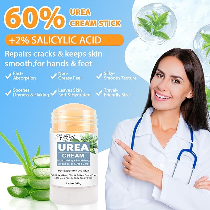 60% Urea Cream Stick plus 2% Salicylic Acid - Maximum Strength Repair Balm for Extremely Dry Skin & Cracked Heels, All-in-1 Callus Remover & Moisturizer, Softens Rough Skin - 1.41oz