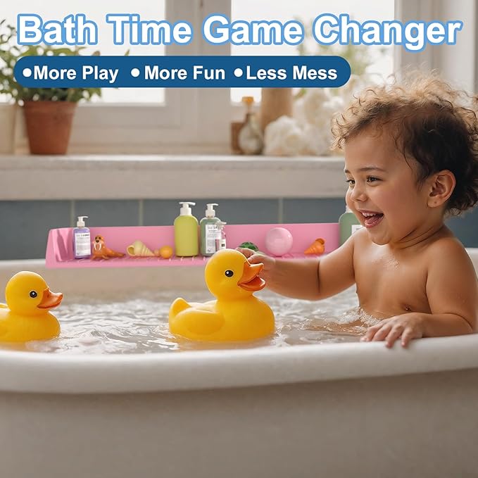 Splash Guard for Bathtub Kids, Silicone Bath Splash Guard Play Shelf, Tub Water Guards Longer Bath Toy Tray Holder, Bath Tub Splash Guard Prevent Water Spills in Bathroom (2.6FT, Pink)