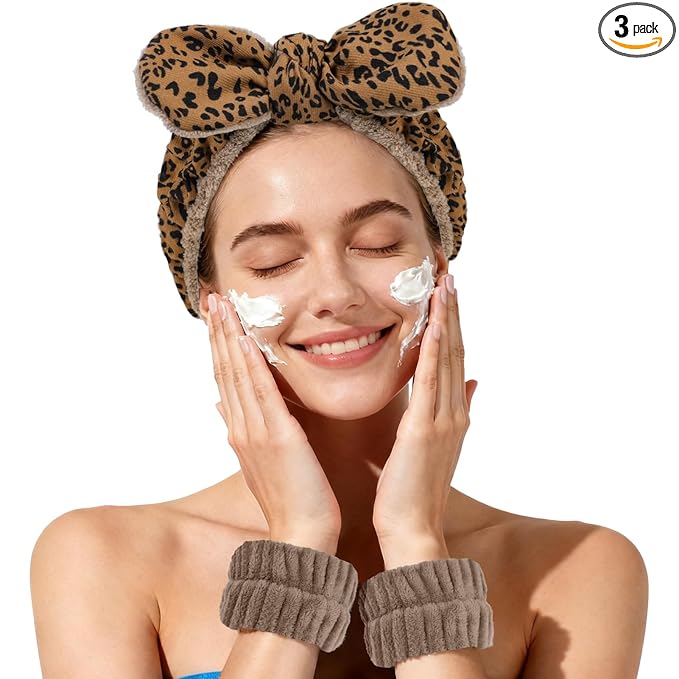 Fmeida Headbands for Women's Hair - Soft Skincare Facial Headband - Spa Headband and Wrist Bands for Washing Face, Brown Leopard, 3 Pack