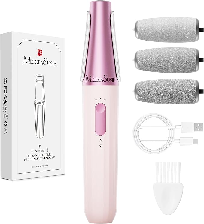 MelodySusie Electric Callus Remover for Feet, PC800G Waterproof Rechargeable Pedicure Tool with Light & 3 Different Grits Roller Heads & Adjustable Speeds, for Dead Skin & Cracked Heel (Pink Rose)
