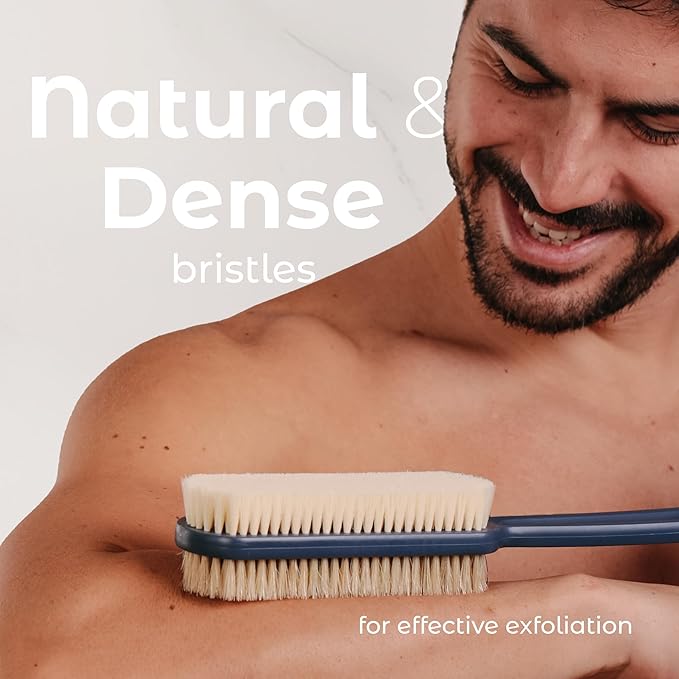 MainBasics Back Scrubber for Shower, Long Handle Body Brush with Dual-Sided Exfoliating and Soft Bristles, 15.75 Inch (Blue)