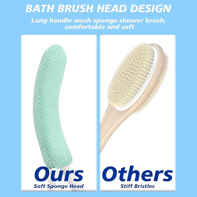 Shower Brush with Long Handle，15.35" Back Brush，Long Back Scrubber for Men Women，Long Handled Sponge Body Exfoliator, Loofah Back Scrubber for Aid Bathing