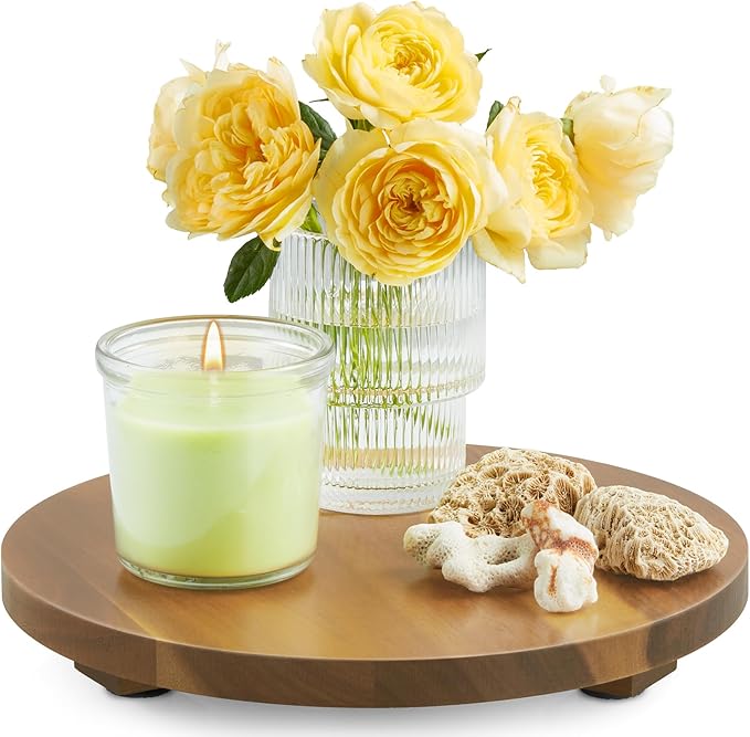 Small Round Decorative Tray Acacia Wood Bathroom Counter Organizer Pedestal Stand Farmhouse Kitchen Decor Wooden Riser for Soap Dish, Perfume, Candle, Sponge, 9"