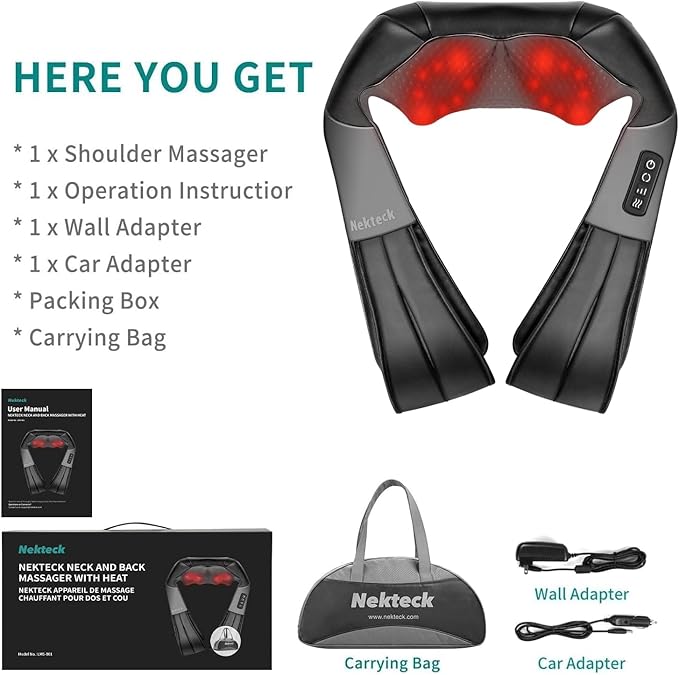 Nekteck Shiatsu Neck Massager with Heat for Pain Relief Deep Tissue, 2026 Upgraded Back Shoulder Kneading Massage Pillow with Storage Bag, Body Relaxation Gifts for Men Women Mother's Day Father's Day