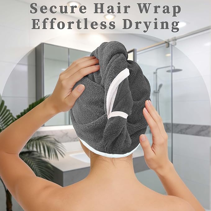 VOOVA & MOVAS Dark Gray Microfiber Hair Towel Wrap for Women 2-Pack, Super Absorbent Quick Dry Hair Towels for Wet Hair After Shower, Soft Lightweight Hair Wraps
