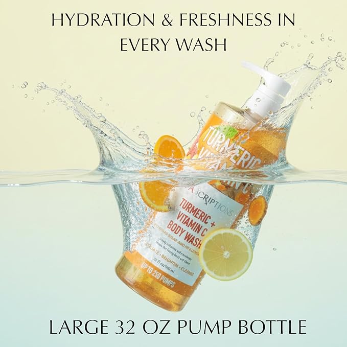 SpaScriptions Vitamin C & Turmeric Body Wash – Brightening Gentle Cleansing Shower Gel Scrub With Hyaluronic Acid for Radiant Glowing Skin & Brown Sugar Exfoliation, Scented, Paraben Free, 32 fl oz