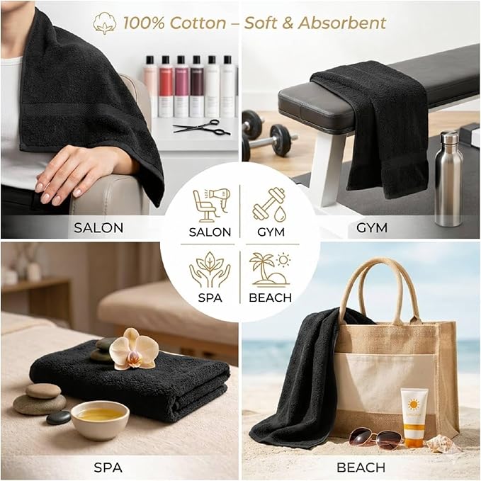 HOME ESSENTIALS Salon Towels (15 x 25 inches) 24 Pack, Black Hand Towels for Bathroom, Quick Dry Gym Towels, Spa Face Towel, Absorbent Cotton Towels for Barber, Gym, Bath, Pedicure and Home Hair Care