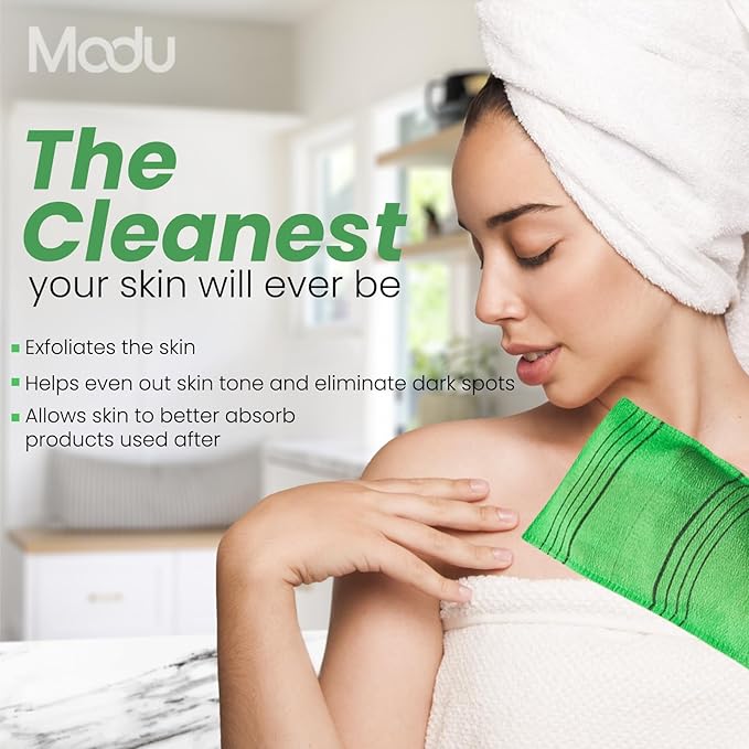 Modu Korean Exfoliating Mitts Large 4PCS (Green, Yellow, Sky Blue, Pink) – Exfoliating Gloves Body Scrubber Italy Towel Washcloth for Korean Spa at Home, Dead Skin Remover, 100% Vegan Viscose