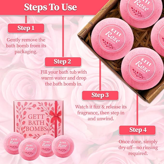 GETT Rose Bath Bombs 4 Pack Individually Wrapped – Bath Bombs for Women, Bubble Bath, Aromatherapy Essential Oils, Moisturizing Spa Gift Set, Mother’s Day Gift for Mom, Relaxing Bath Bomb Gift Set