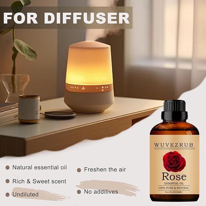 Rose Essential Oil, 120ML Pure and Natural for Aromatherapy Diffuser - 4 Fl Oz