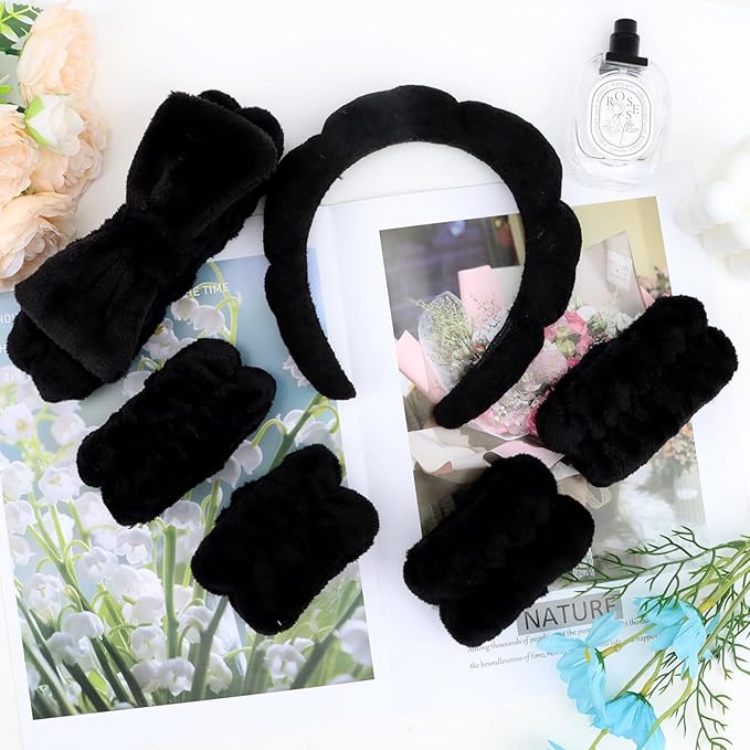 Black Spa Headband and Wristband Set with Bow for Washing Face, Skincare, Makeup - Sponge Cloud Headband for Women Girls
