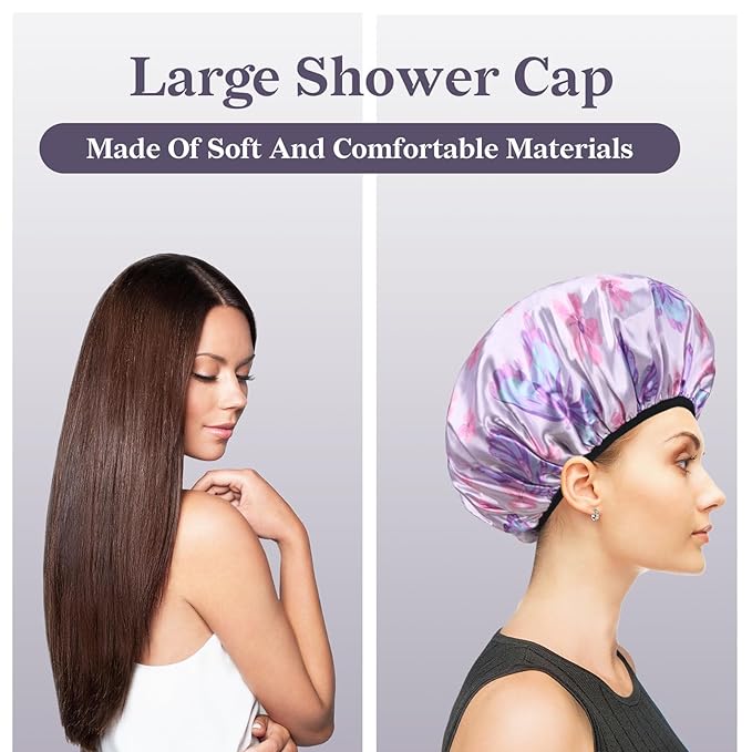 Purple Butterfly Print Satin Shower Cap, Three-Layer Terry Cloth Lined, with Silk Hair Ties, Microfiber Waterproof Reusable Large Size Shower Cap for Women Long Thick Hair