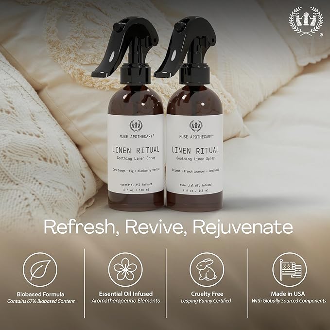 Muse Apothecary Linen Ritual - Aromatic, Soothing, and Relaxing Linen Mist, Laundry and Fabric Spray - Infused with Aromatherapy Essential Oils - 8 oz, Bergamot + French Lavender + Sandalwood, 2 Pack