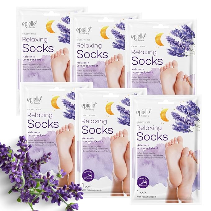 Epielle Relaxing Foot Mask 6 Pairs, Soften and Restore with Melatonin & Lavender Extract, Deep Moisturizing Socks for Dry, Cracked Feet, Self Care Gifts for Women, Spa Kit, Mothers Day Gifts