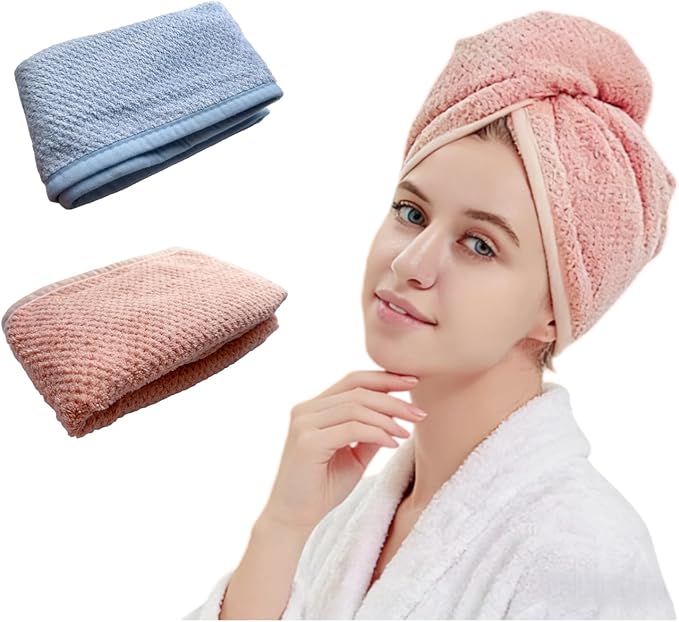 2 Pack Microfiber Hair Towel Wrap for Women,Super Absorbent Hair Drying Towel- Quick Dry,Turban for All Hair Style（ Pink &Blue）