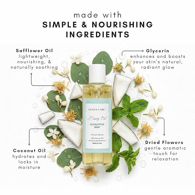 Olivia Care Body Oil Eucalyptus Mint Vegan & Natural | Hydrating & Moisturizing - Infused with VITAMIN E, K & Omega Fatty Acids - Refreshing Fragrance - (Eucalyptus Mint)