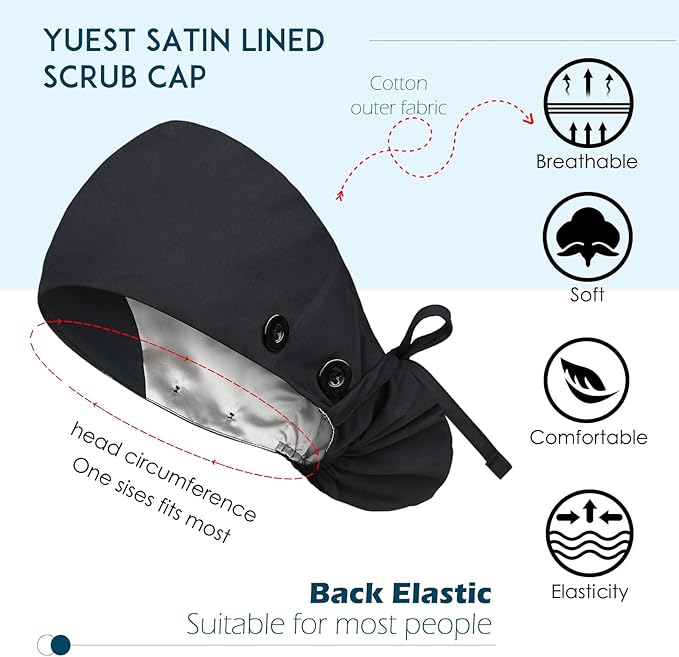 Satin Lined Scrub Caps with Buttons & Sweathand, Surgical Caps for Women