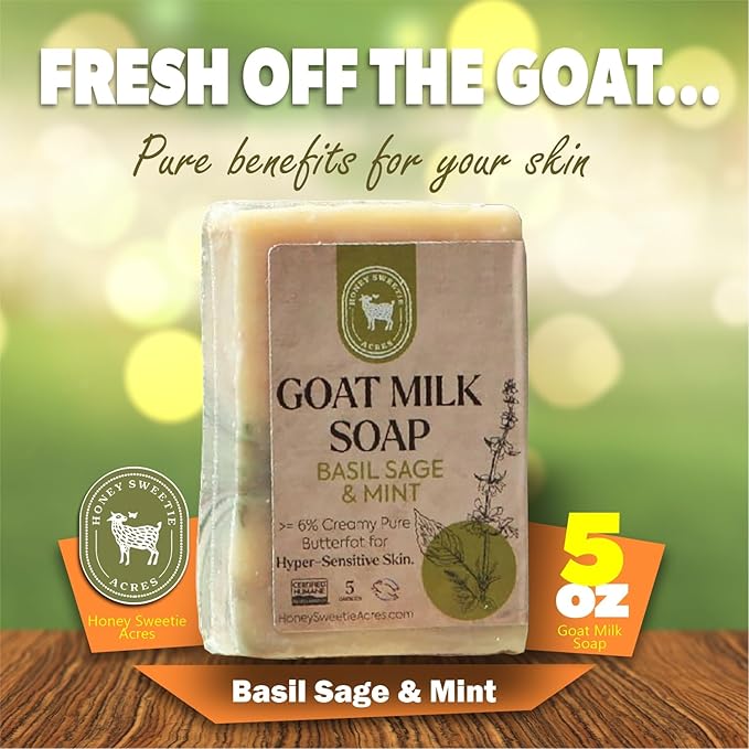 Honey Sweetie Acres Basil, Sage & MInt Goat Milk Soap - Handmade 5 oz Bar, Made with Natural Ingredients, Moisturizing & Gentle, Made in the USA