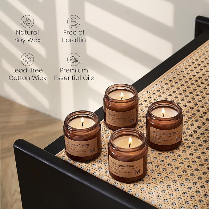 M&SENSE 4 Pack Candle Gift Set, Scented Candle Sets for Men and Women, Soy Wax Candles Home Scented, Long Lasting Amber Jar Candles for Mother's Day, Christmas, Holiday