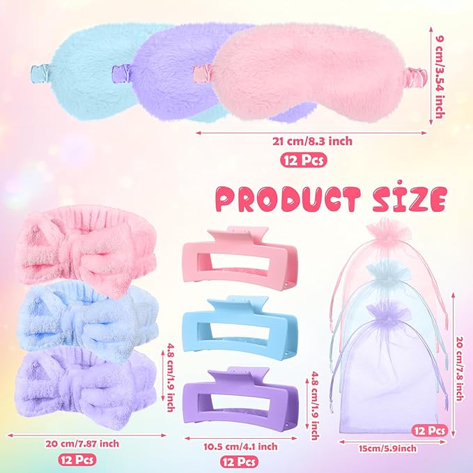 48 Pcs Spa Party Supplies Sleepover Essentials Gift for Mother's Day Spa Headband Plush Eye Mask Claw Clips Organza Bag for Women Adult Slumber Party Supplies (Pink,Blue,Purple)