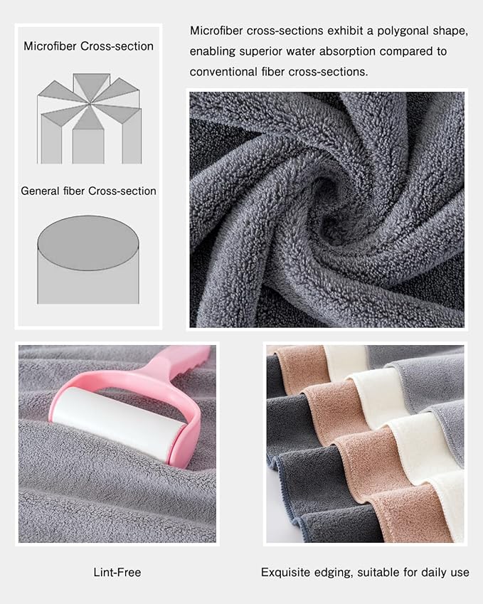 sakano Quick-Drying Microfiber Towel Set - 4-Piece Mixed Color Bath Towel Set, Highly Absorbent, Lint Free Design for Bath, Beach, and Gym - Light Gray+White+Khaki+Dark Gray, 28 x 55 inches
