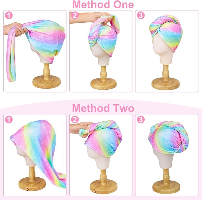 Basumee Microfiber Hair Towel Wrap for Kids 2 Pack Rapid Drying Hair Towel with Button Hair Turbans for Wet Hair Wraps Head Towel Wrap for Women and Girls, Rainbow