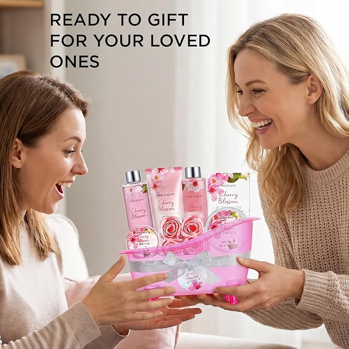 Body & Earth Spa Gifts for Women Self Care Kit - 8pcs Cherry Blossom & Jasmine Bath Sets for Women, Birthday, Mother's Day Gift Baskets for Mother, Wife, Girlfriends