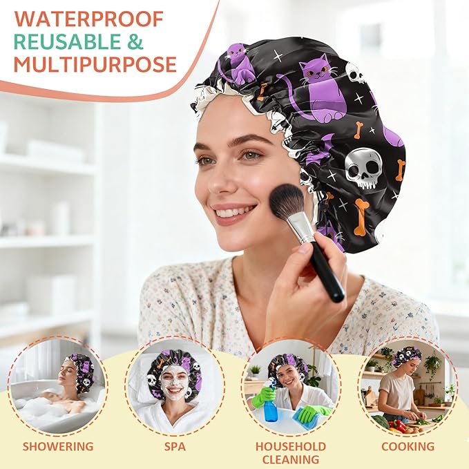 Shower Cap Reusable Double Layer Adjustable Elastic Waterproof EVA Hair Bath Caps for Women Girls Cute Aesthetic-Cat