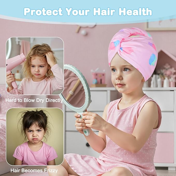 FIOBEE Microfiber Hair Towel Wrap for Kid Rapid Drying Towel Absorbent Hair Turbans for Wet Hair with Button Women Girls Long Curly Hair Pack of 2, Teal/Pink Ice Cream