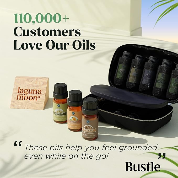Lagunamoon Essential Oils Set, 10 Piece Aromatherapy Oil in Portable Bag - Diffusers, Humidifiers, Yoga, DIY Cleaning Products, Candle Making - Peppermint, Tea Tree, Lavender, Eucalyptus (10mL)