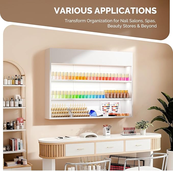 OmySalon Wall Mounted Display Rack, 47.6-Inch 3-Tier LED Nail Polish Organizer Shelf with USB Touch Control, for Nail Salon, Spa, Beauty Studio Storage, Wooden Retail Display (White)