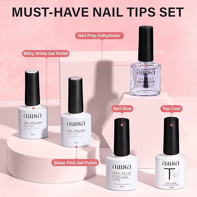 AILLSA Nail Tips and Glue Gel Kit Short Coffin Nail Tips 240pcs with 2 In 1 Nail Glue Base Coat and Nail Dehydrator, Gel Extension Nail Kit with U V Light Top Coat for DIY Home Salon