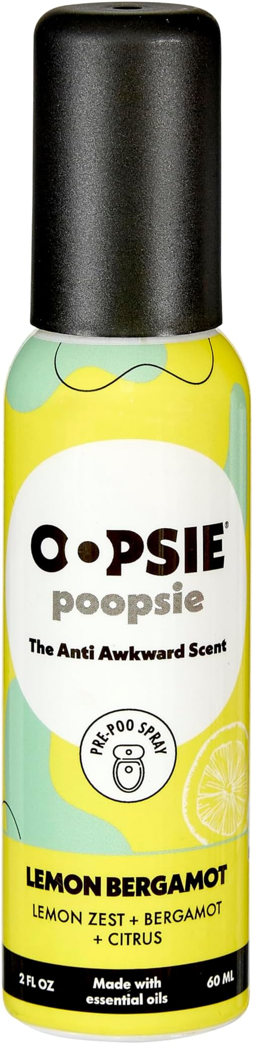 Oopsie Poopsie Toilet Spray, Travel Essentials, Each Up to 300 Uses, On-The-Go Bathroom Odor Deodorizer with Essential Oils, TSA Approved Size Lemon Bergamot 1 Pack, 2 Fl Oz