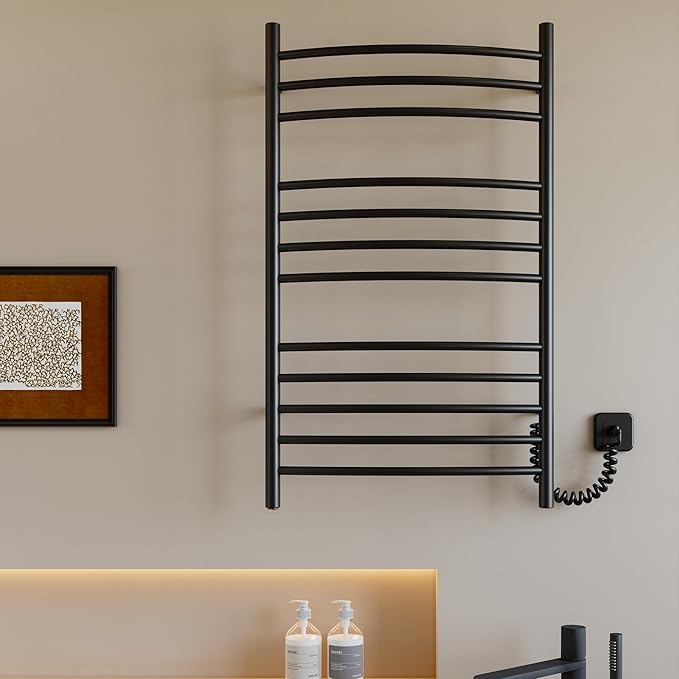 HEATGENE Towel Warmer Wall Mount Electric Plug-in/Hardwired Heated Towel Rack, 4-Supports Matte Black