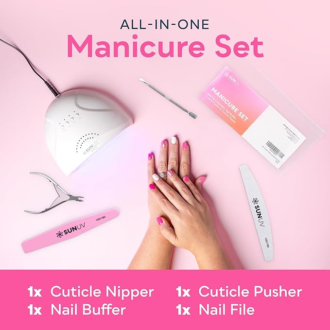 SUNUV 4PCS Cuticle Nippers, Cuticle Pusher with Nail File and Buffer Set, Professional Stainless Steel Durable Pedicure Manicure Nail Care Tools