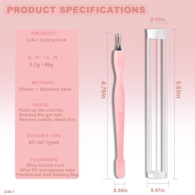 6Pcs 2-in-1 Cuticle Fork with Pusher, Dual-end Cuticle Remover Nail Pusher Cuticle Trimmer, Gentle Plastic Nail Cuticle Care Tool, At-Home Mani Essential, Pink