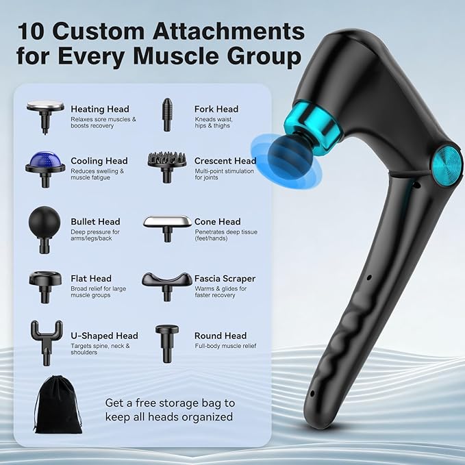 Back Massager with Heat & Cold Therapy, Foldable Deep Tissue Massage Gun for Back & Shoulders, Cordless Percussion Massager for Pain Relief, 9 Speeds, 10 Heads