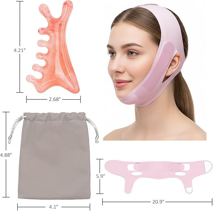 4 in 1 Gua Sha Facial Tool & V-Line Face Mask, Self Care Gifts for Women 2Pcs: Pink Massage Comb for Face Neck Body Eye & Lilac Chin Strap for Sleeping, Scalp Massager, V Line Lifting Mask Set