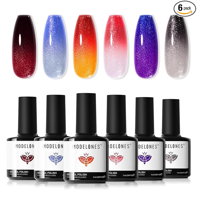 modelones Color Changing Gel Nail Polish Set, 6 Colors Temperature Changing Mood Red Black Blue Glitter Gel Polish Colors Collection Soak Off Holiday Salon DIY at Home