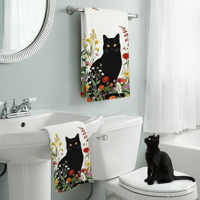 Accnicc 2 Pack Black Cat Bathroom Hand Towels Decorative Spring Floral Dish Kitchen Towel 16x27 Inch Botanical Colorful Wildflowers Butterfly Absorbent Soft Microfiber Bath Towels Hotel Spa Decor