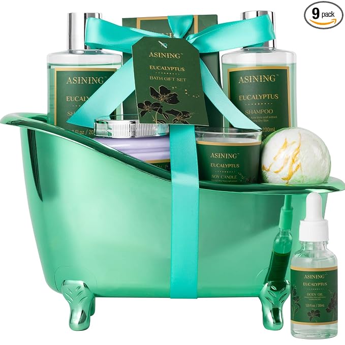 Home Spa Gift Basket - Eucalyptus- Luxurious 9pc Bath & Body Set For Men & Women, Contains Shower Gel, Shampoo, Scents Lotion, Body Oil, Bath Salt, flowers Bath Bomb, Spa Basket
