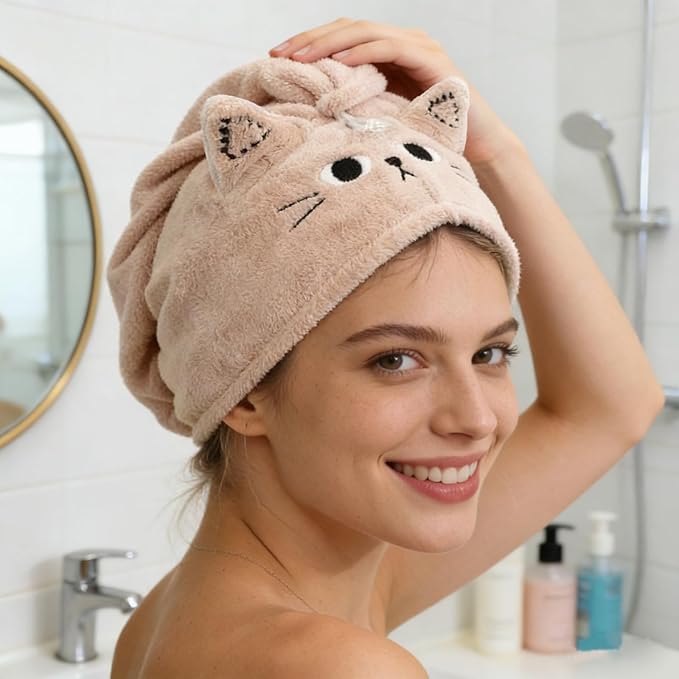 2Pack Microfiber Hair Towel Wrap for Kids, Cute Cat Absorbent Hair Drying Turbans Head Towels for Women Girls (Pink and Khaki Cat)