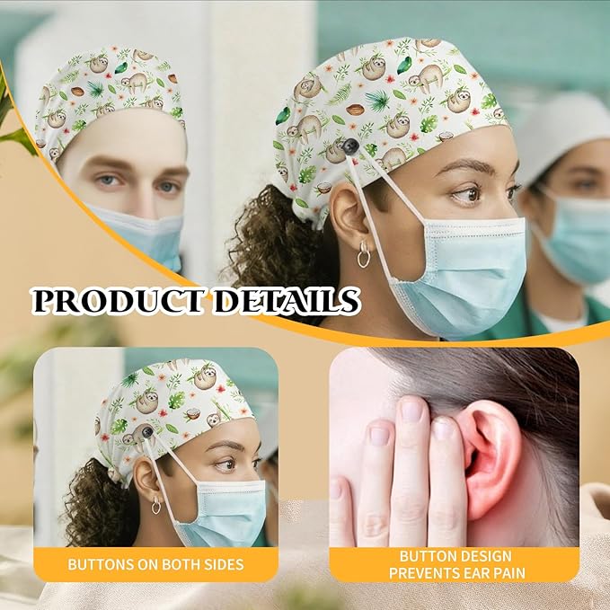 Adjustable Scrub Cap with Buttons & Sweatband, Working Hat with Elastic Tie Back, Unisex Nurse Surgical Caps for Women & Men