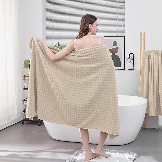 KBY Bath Towels Set 6 Piece 40x80 Inches，2 Extra Large Bath Sheets 2 Hand Towels 2 Washcloths，Highly Absorbent Quick Dry Microfiber,Ultra Soft Towel Set for Bathroom，Spa，Gym， Hotel (Beige)