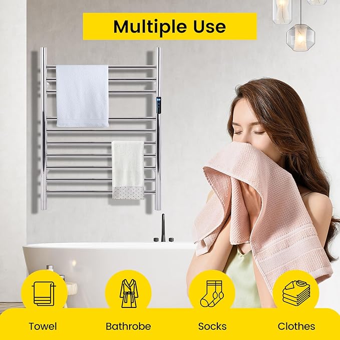 10-Bars Silver Heated Towel Rack–23" Wall Mounted Towel Warmer with Timer & Temperature Control, Stainless Steel