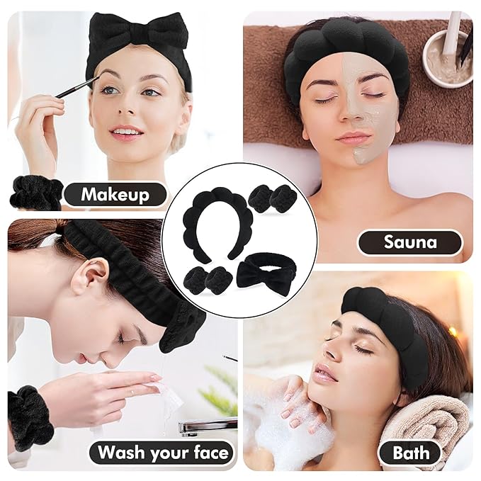 Zkptops 6Pcs Spa Headband for Washing Face Wristbands Set Women Bubble Makeup Sponge Terry Cloth Padded Puffy Skincare Headband Bow Tie Hairband Cute Non Slip Thick Hair Accessory Gifts(Black)