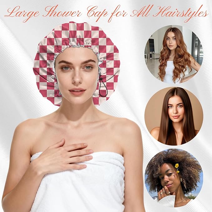 Shower Cap Reusable Double Layer Adjustable Elastic Waterproof EVA Hair Bath Caps for Women Girls Cute Aesthetic-Pink Checkered