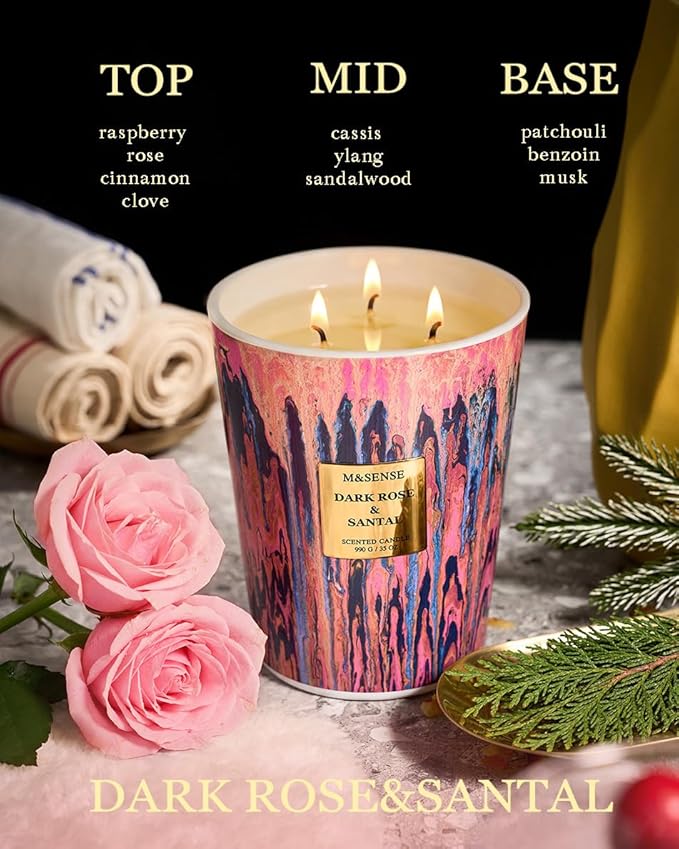 M&SENSE 3-Wick Dark Rose Large Soy Scented Candle, 35oz 150H Non-Toxic Luxury Floral Aroma, Spring Decor Candle, Romantic Perfect Present for Mom Her